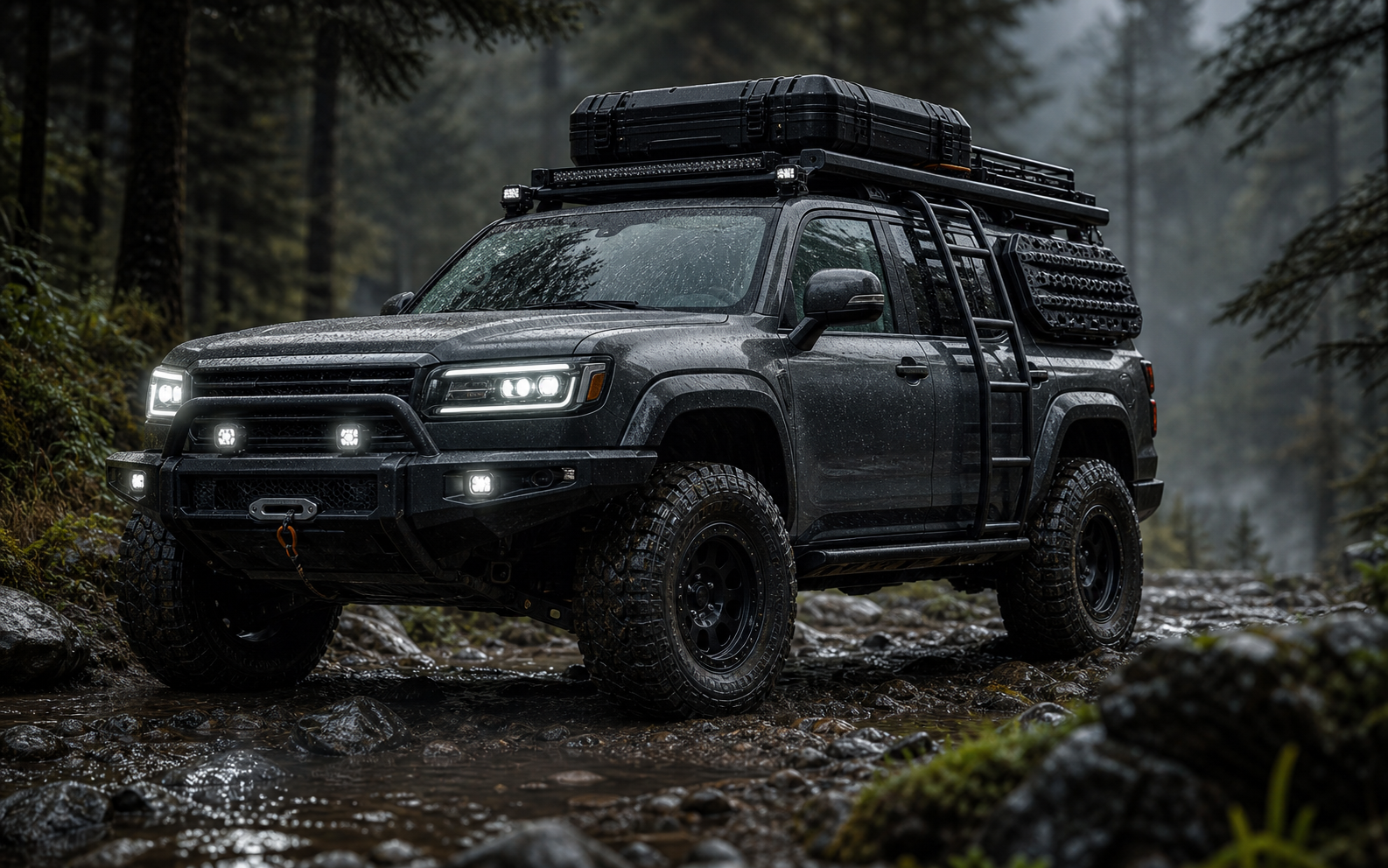 ROVERKORD overland build on a wet forest trail