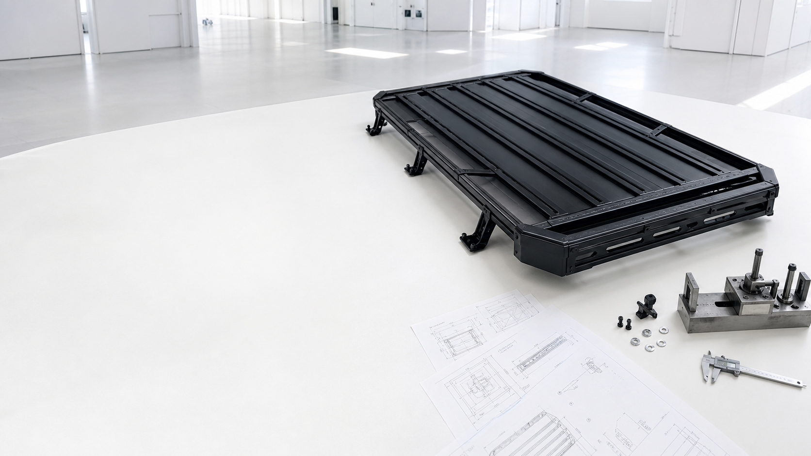 ROVERKORD roof platform shown with its modular mounting hardware laid out alongside it