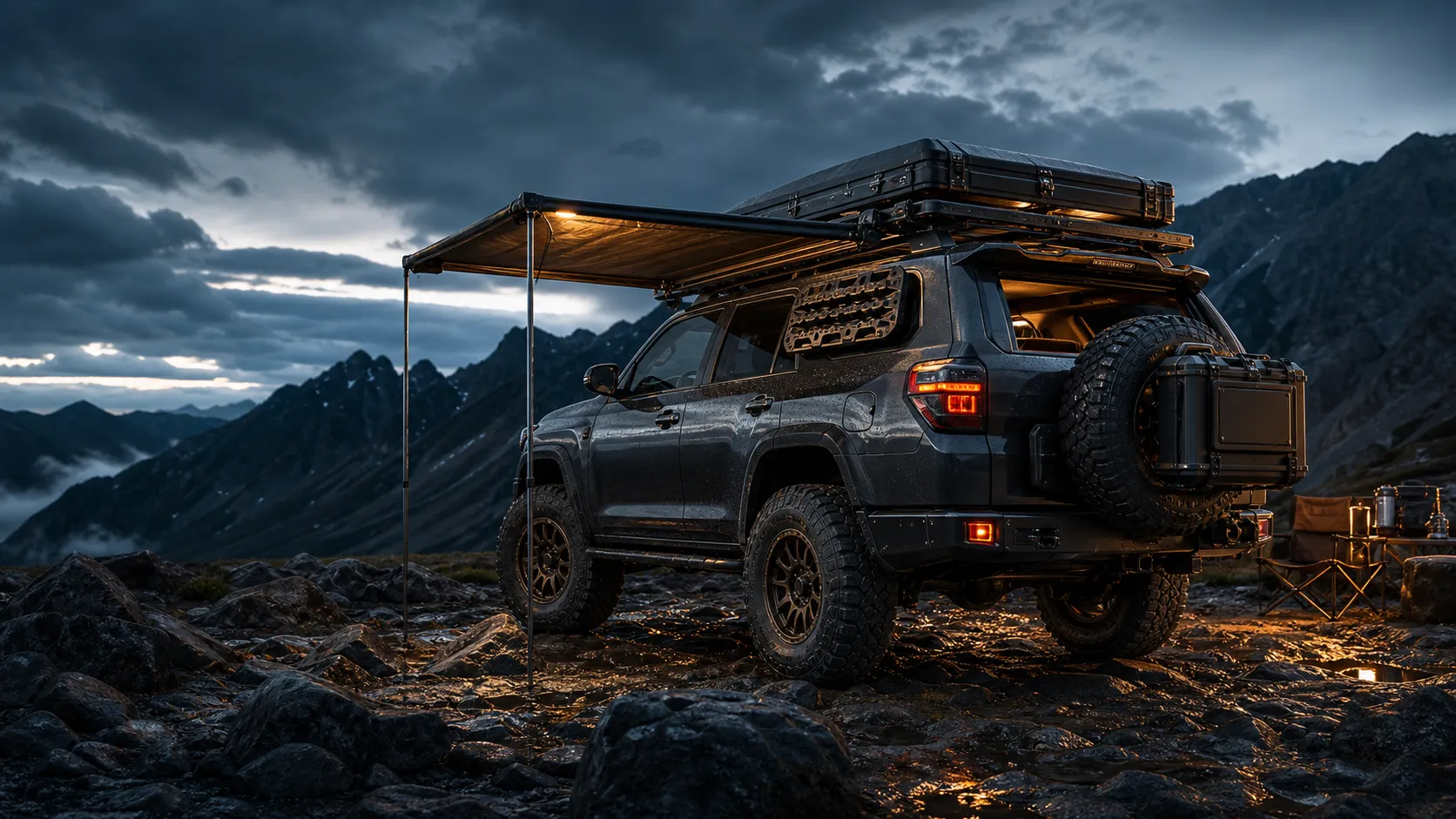 Overland SUV gear system on a wet mountain route
