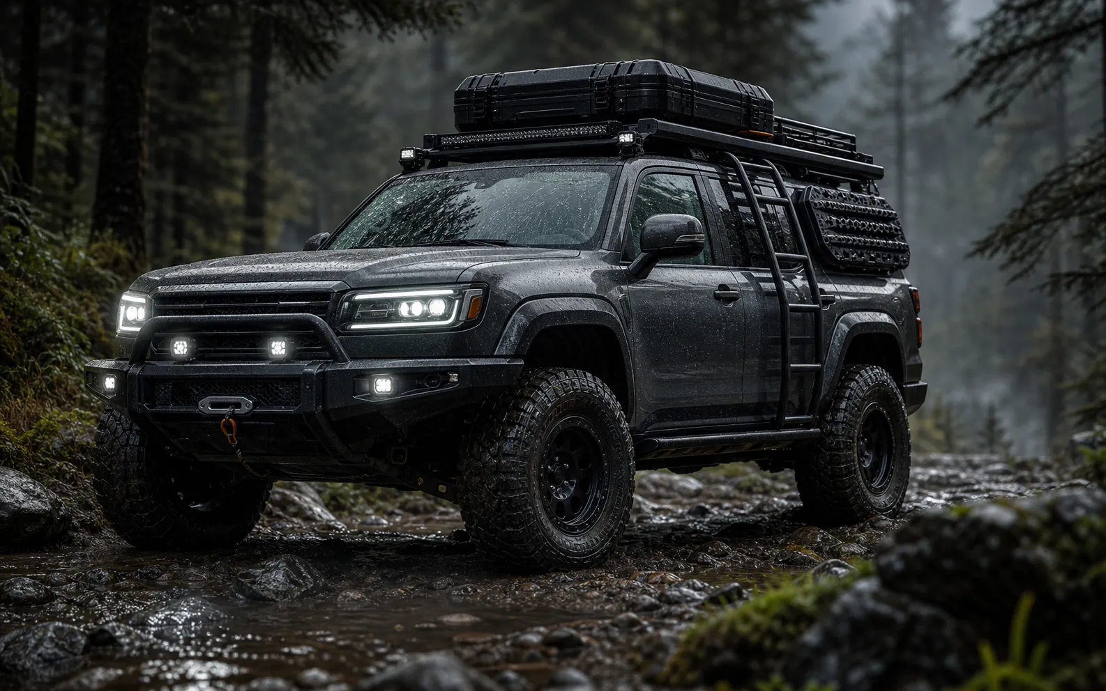 ROVERKORD overland build on a rainy forest route