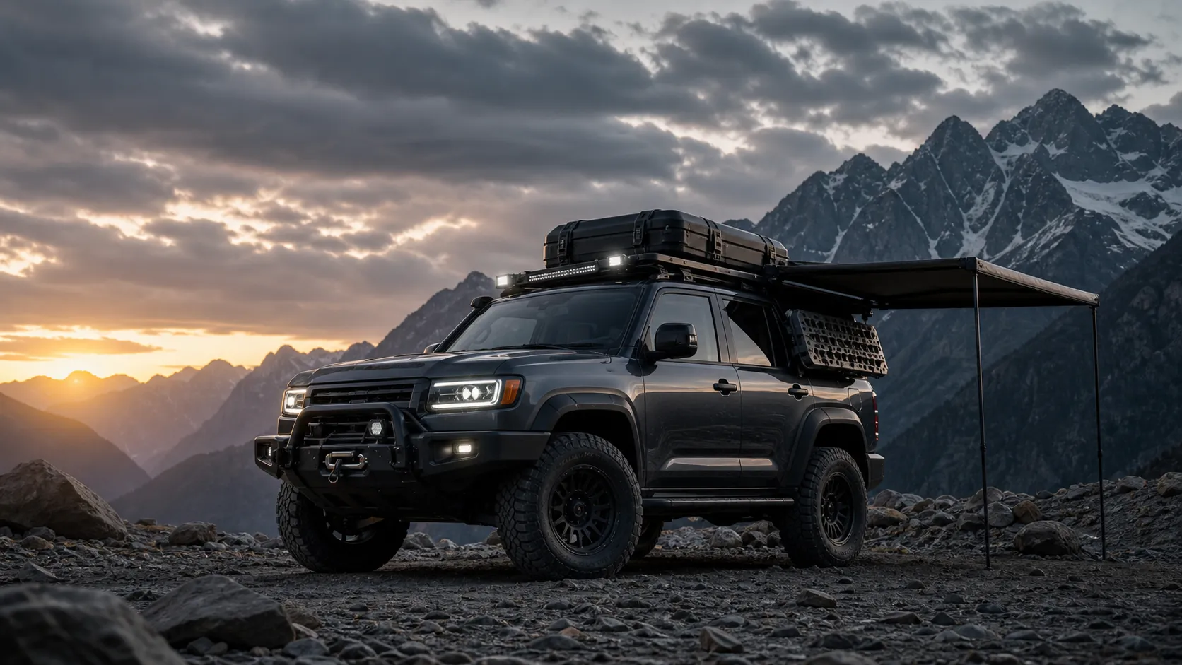 SUV fitted with ROVERKORD overland roof accessories