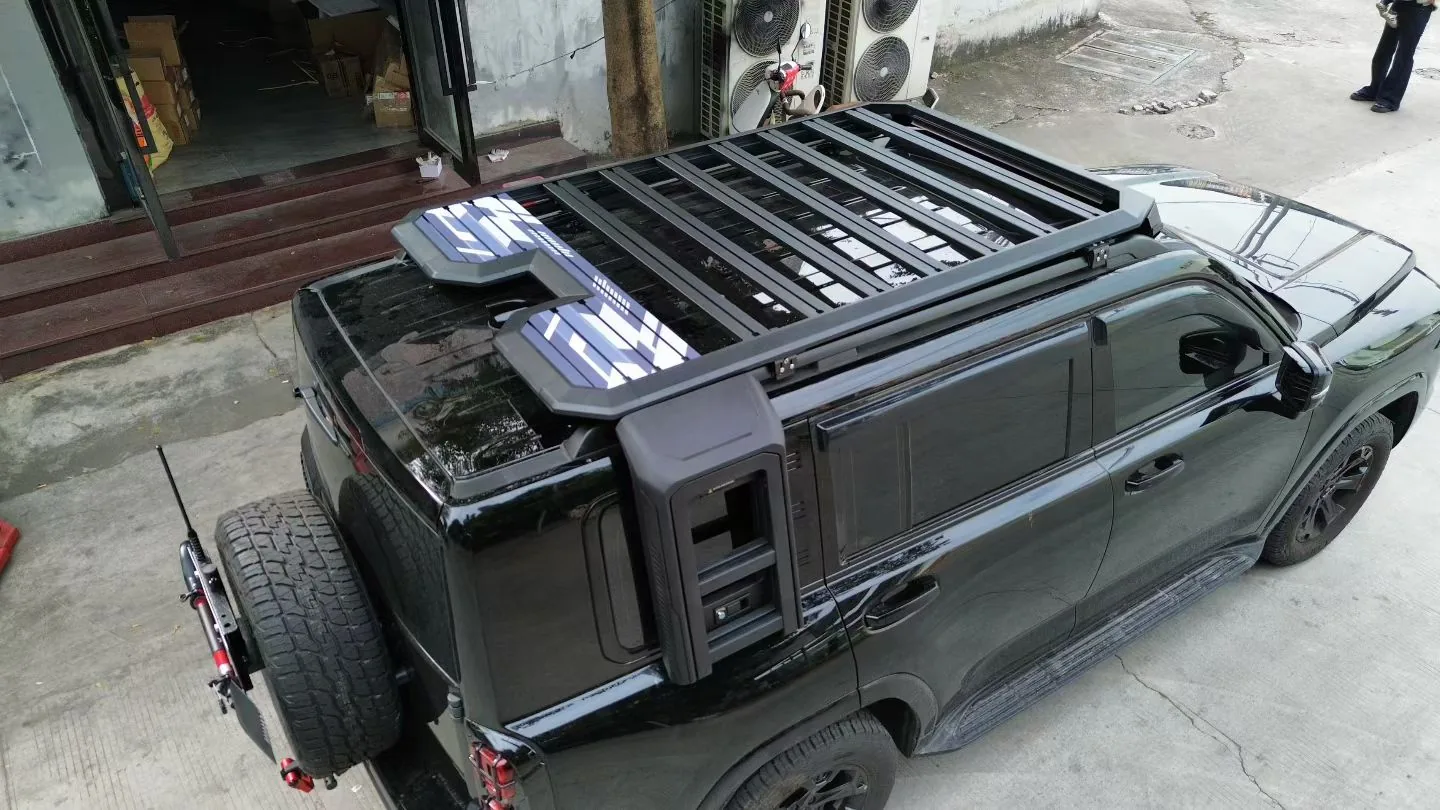 Roof rack installed on an unidentified black demonstration vehicle, viewed from above