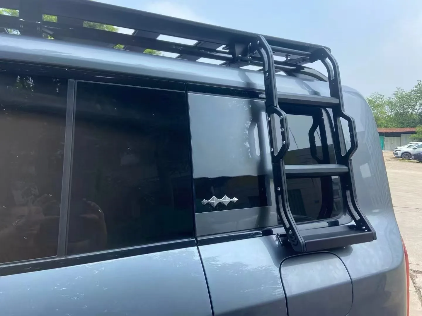 Black straight ladder mounted beside the rear of an unidentified dark vehicle
